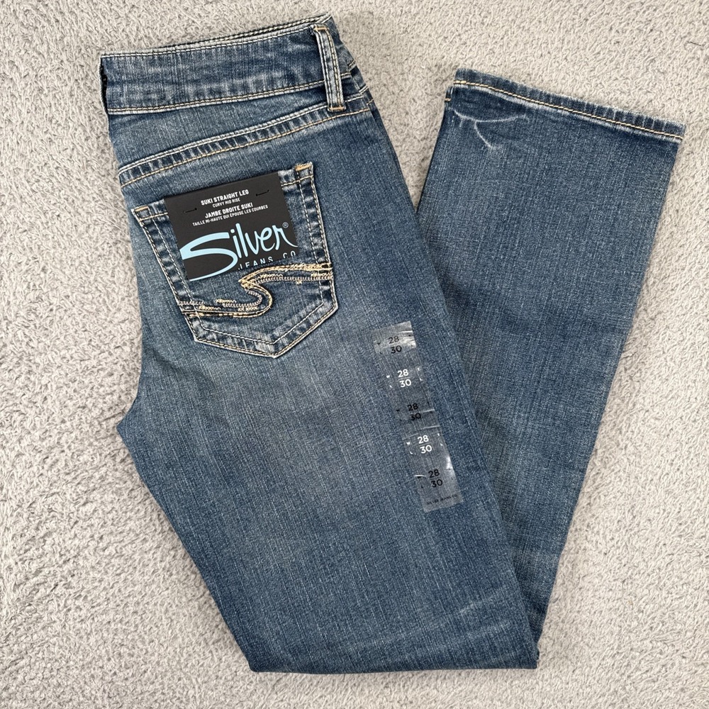 NEW SILVER JEANS Womens 28x30 Suki Curvy Fit Mid Rise Straight Leg Button Fly